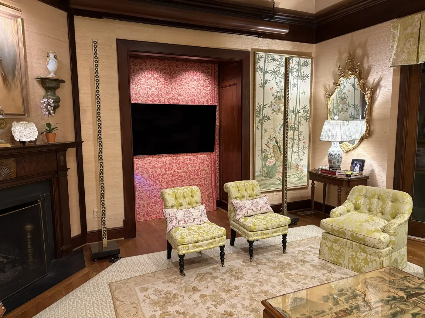 Elegant living room with hidden TV and speakers