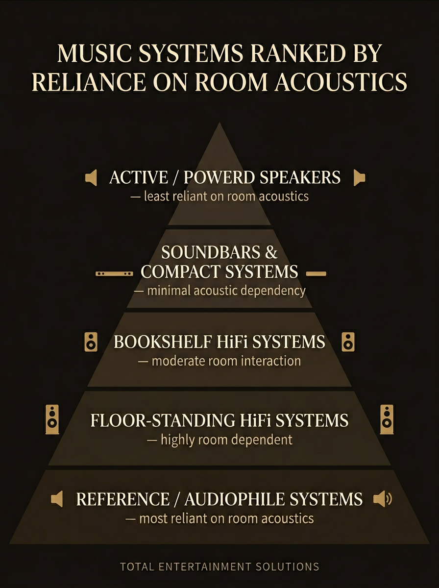 Music Systems Ranked by Reliance on Room Acoustics visual guide