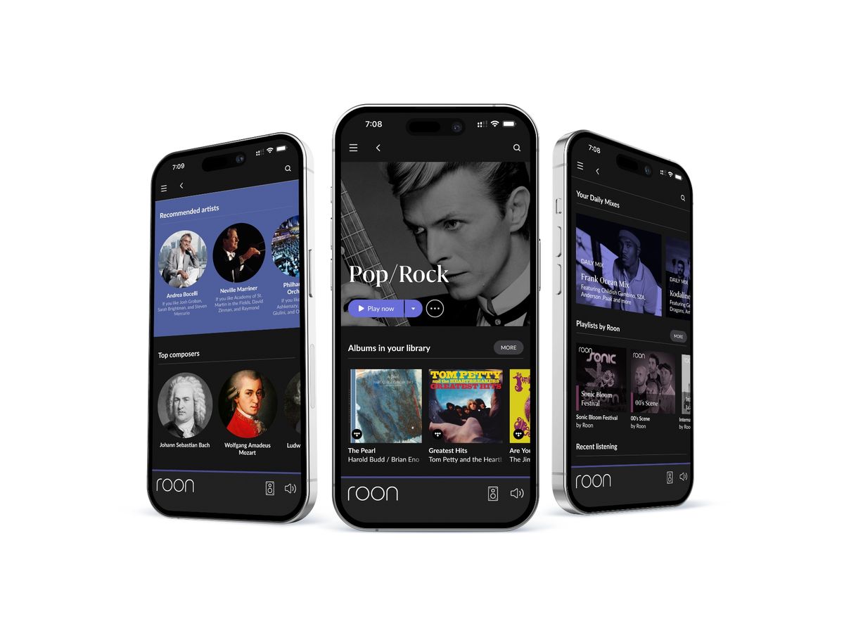 Roon music app displayed on three iPhones