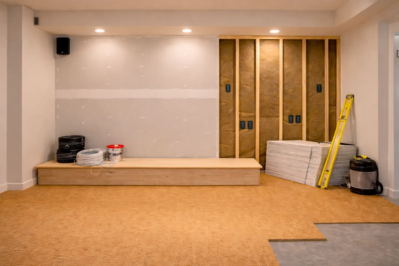 Pre-wire installation with drywall and insulation